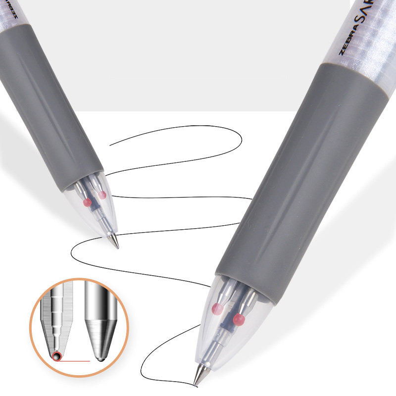 Close-up of the pen tips with a grey grip, and a squiggly gel ink line drawn on white paper