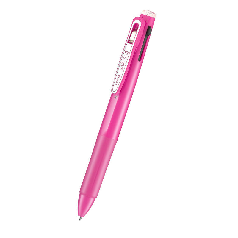 Pink 3-color gel ink multi pen with a silver clip, standing upright beside 0.5mm and 143mm size labels