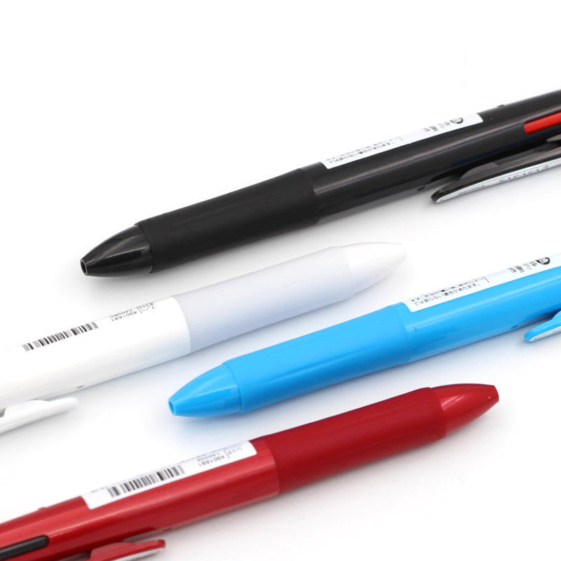 Black, white, sky blue and red multi pens lying side by side to show the smooth rubber grip section