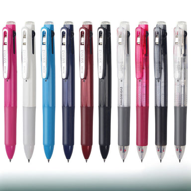 Ten 3-color gel ink multi pens in pink, white, sky blue, navy, red, black and clear barrels in a row