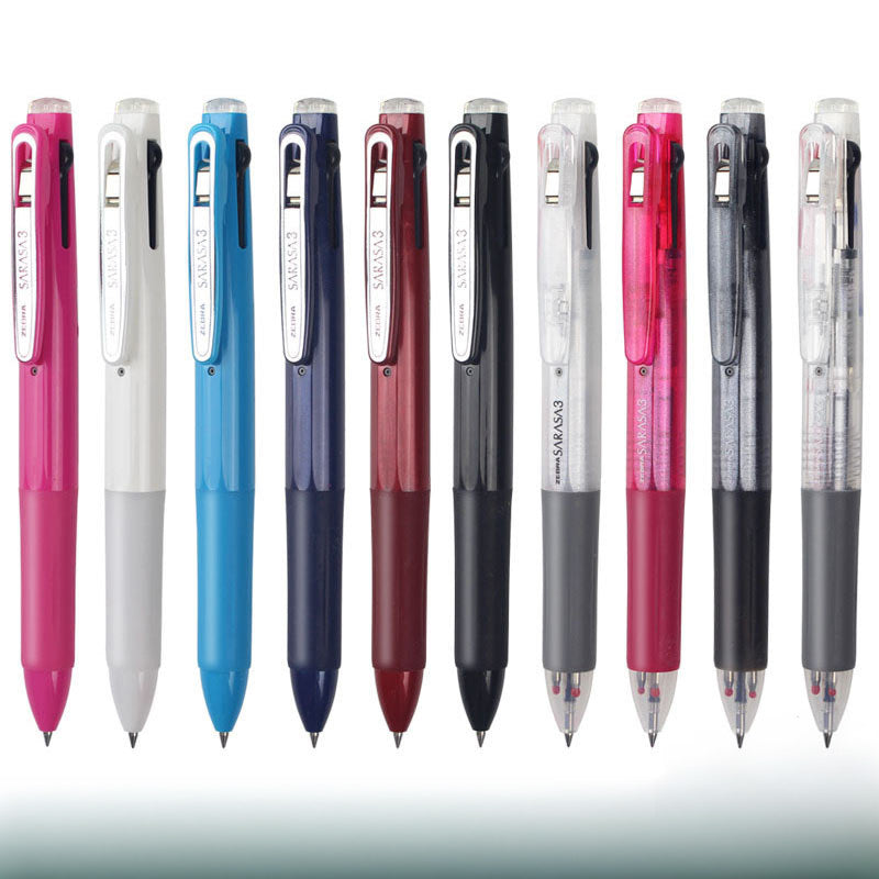 Ten 3-color gel ink multi pens in pink, white, sky blue, navy, red, black and clear barrels in a row