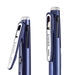 Navy multi pen with a wide clip and a close-up of the push button hidden beneath the clip