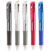 Five translucent-barrel multi pens in smoke, clear, frosted white, red and blue with their tips pointing down