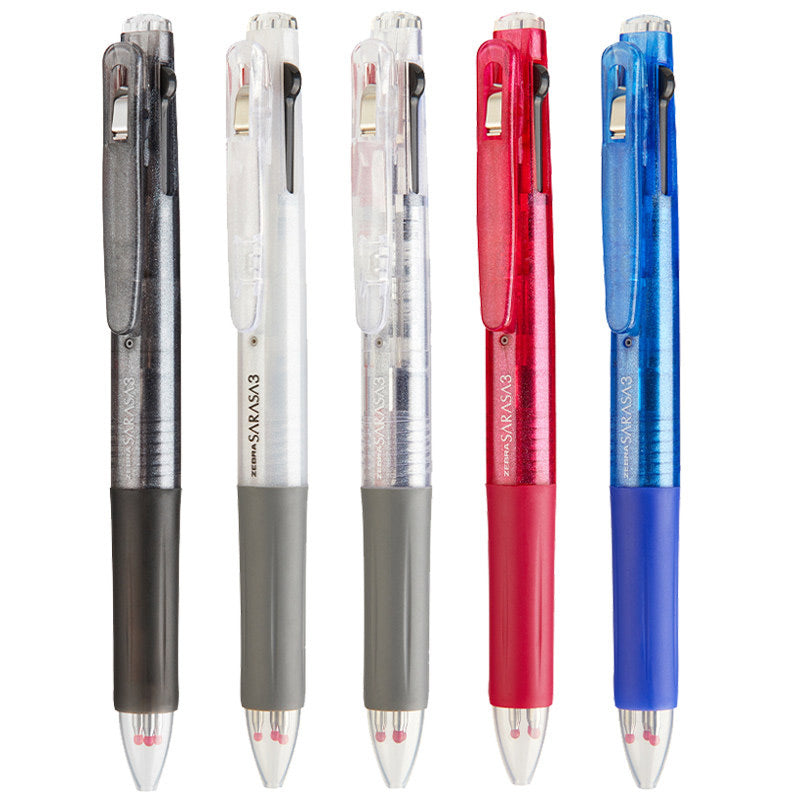 Five translucent-barrel multi pens in smoke, clear, frosted white, red and blue with their tips pointing down