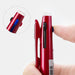 Thumb pressing the push button on a red multi pen, with a close-up circle of the button mechanism