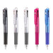 Five clear-barrel multi pens in smoke, clear, frosted white, pink and blue lined up with tips down