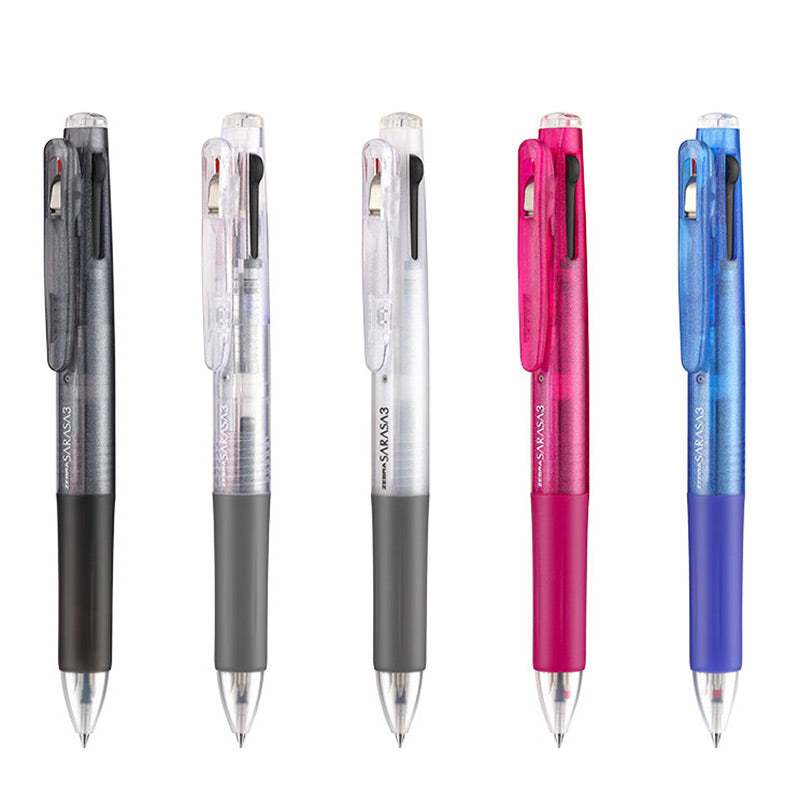 Five clear-barrel multi pens in smoke, clear, frosted white, pink and blue lined up with tips down
