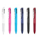 Six multi pens in white, pink, sky blue, navy, black and red lined up neatly with their tips down