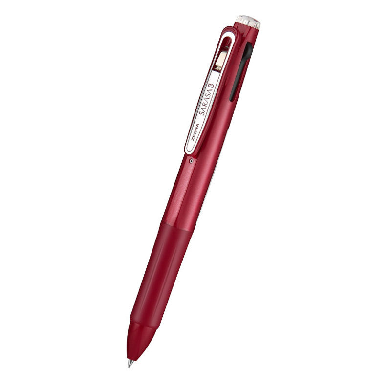 Deep red 3-color gel ink multi pen with a silver clip, standing upright beside 0.5mm and 143mm size labels