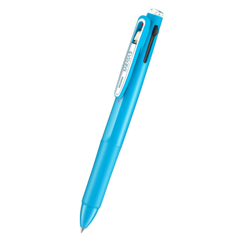 Sky blue 3-color gel ink multi pen with a silver clip, standing upright beside 0.5mm and 143mm size labels