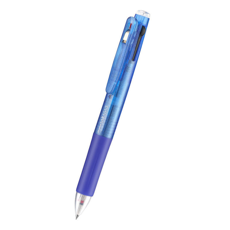 Clear blue translucent 3-color gel ink multi pen with a purple grip and a silver clip, 0.5mm and 143mm labels