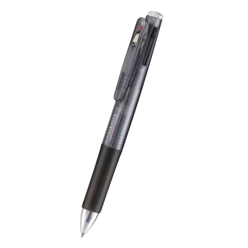Smoky clear black 3-color gel ink multi pen with a dark grip and a silver clip, 0.5mm and 143mm labels