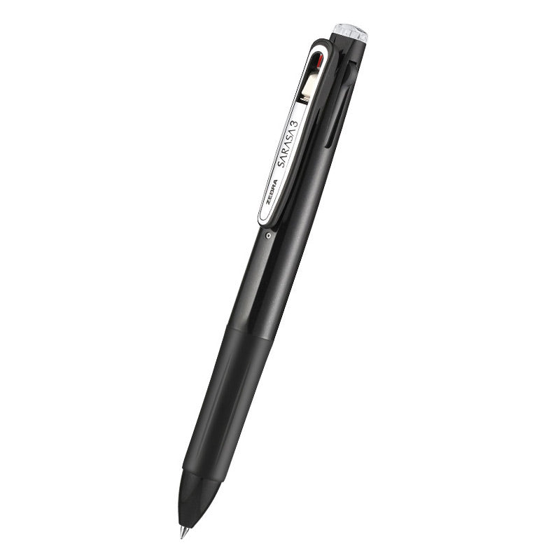 Black 3-color gel ink multi pen with a fine shimmer finish and a silver clip, with 0.5mm and 143mm labels