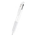 White 3-color gel ink multi pen with a silver clip, standing upright beside 0.5mm and 143mm size labels