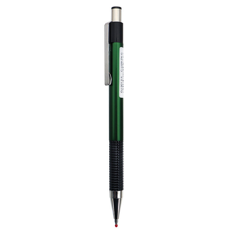 Green Zebra GJ-301 0.5 mm gel pen with metallic green barrel, black grip and silver clip on white.