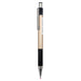 Gold Zebra GJ-301 0.5 mm gel pen with champagne barrel, black grip and silver clip on white.