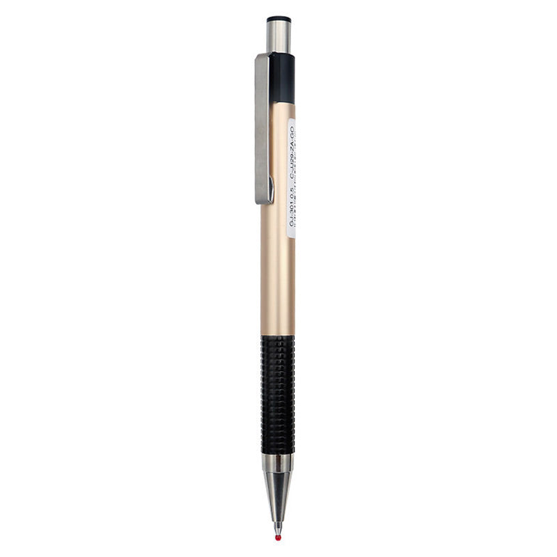 Gold Zebra GJ-301 0.5 mm gel pen with champagne barrel, black grip and silver clip on white.