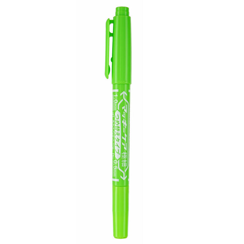 Light green Zebra McKee Care dual-tip marker with 1.0mm and 0.5mm ends capped vertically.