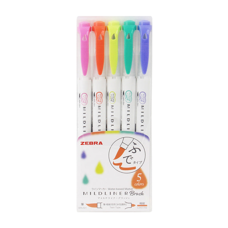Zebra Mildliner Double Ended Brush Pen 5 Colors Set, Assorted Refresh Bright Color