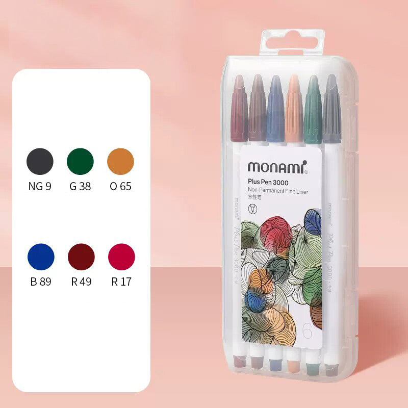 monami Plus Pen 3000 Marker 6/12/34/36/48/60 Colors Set, 6 Colors (Deep)