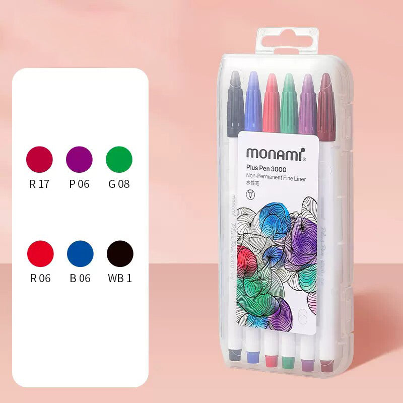 monami Plus Pen 3000 Marker 6/12/34/36/48/60 Colors Set, 6 Colors (Basic)