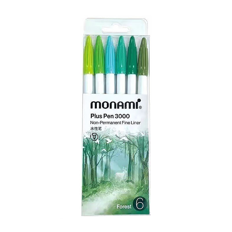 monami Plus Pen 3000 Marker 6/12/34/36/48/60 Colors Set, 6 Colors (Forest)