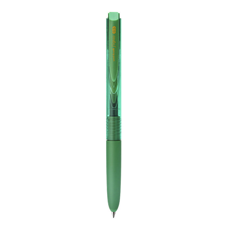 Green transparent-barrel uni-ball Signo RT1 UMN-155 retractable gel pen with a green rubber grip