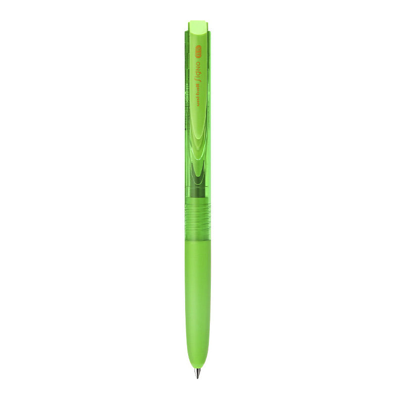 Lime green transparent-barrel uni-ball Signo RT1 UMN-155 retractable gel pen with a lime rubber grip