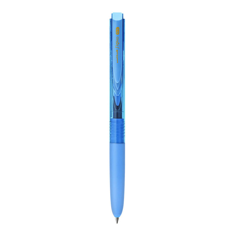 Light blue transparent-barrel uni-ball Signo RT1 UMN-155 retractable gel pen with a light blue grip