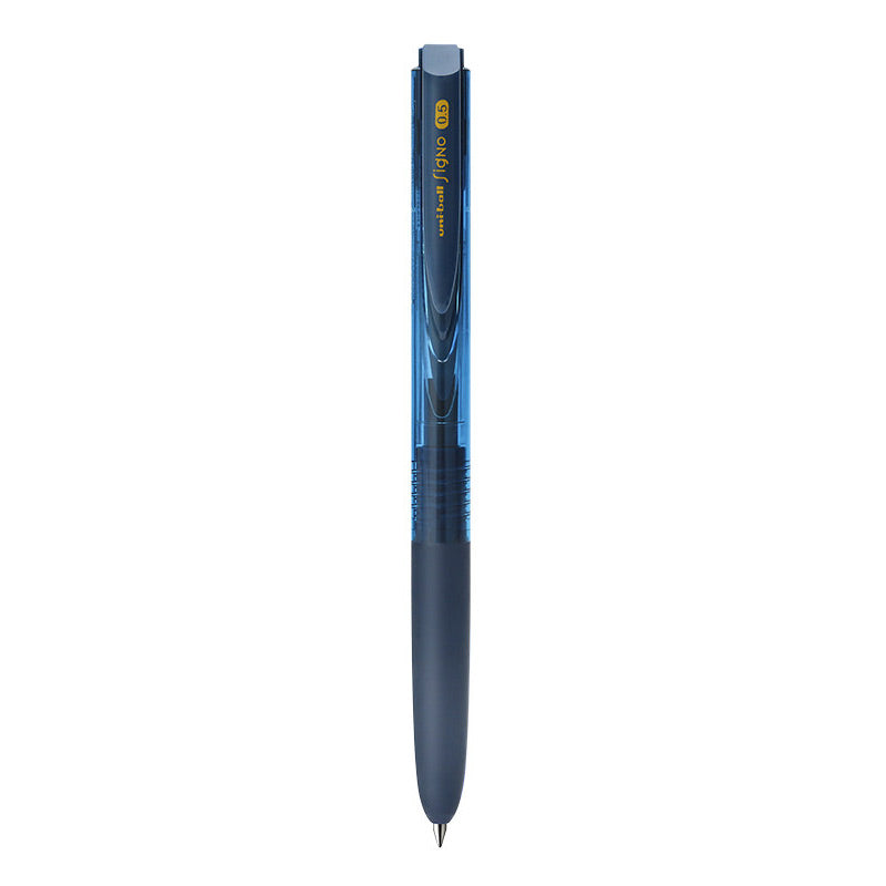 Ink blue transparent-barrel uni-ball Signo RT1 UMN-155 retractable gel pen with a navy rubber grip