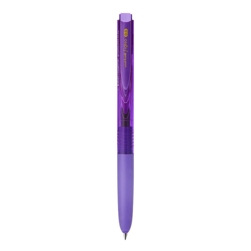 Purple transparent-barrel uni-ball Signo RT1 UMN-155 retractable gel pen with a purple rubber grip