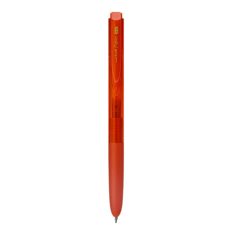 Red transparent-barrel uni-ball Signo RT1 UMN-155 retractable gel pen with a red rubber grip