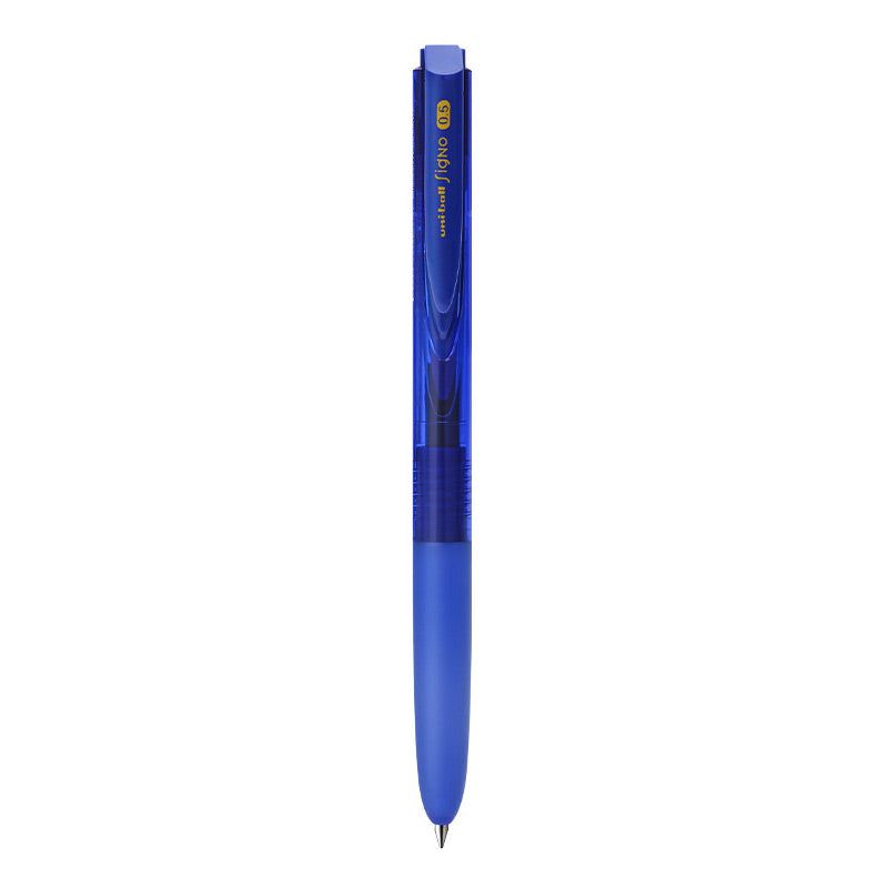 Blue transparent-barrel uni-ball Signo RT1 UMN-155 retractable gel pen with a blue rubber grip