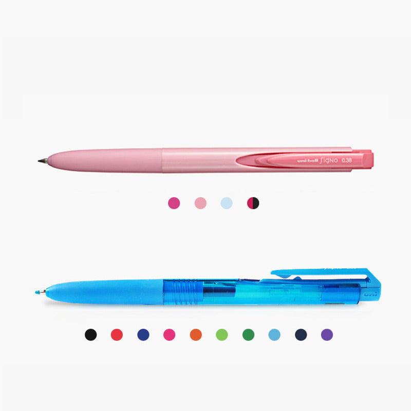 Comparison chart of ten transparent-barrel color options for the basic Signo RT1 with a light blue pen