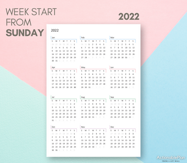 2022 Yearly Calendar, Printable Planner Digital Insert Template, 5 Calendar Sizes Instant download PDF