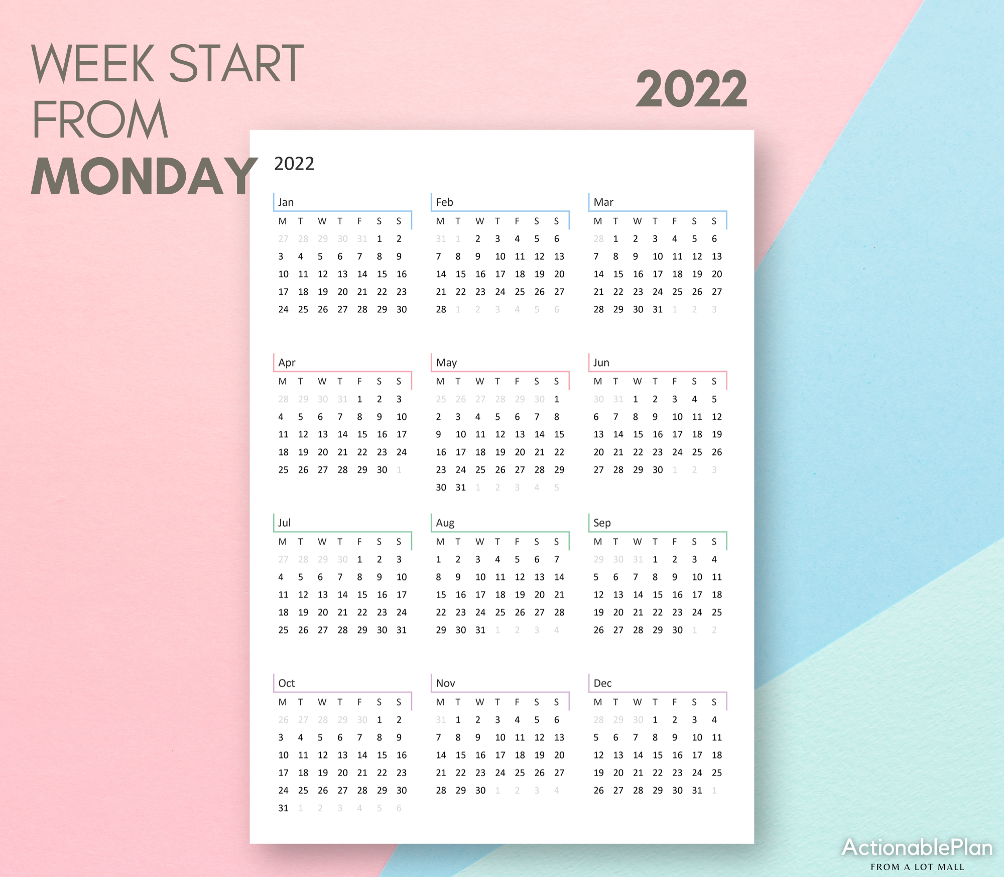 2022 Yearly Calendar, Printable Planner Digital Insert Template, 5 Calendar Sizes Instant download PDF
