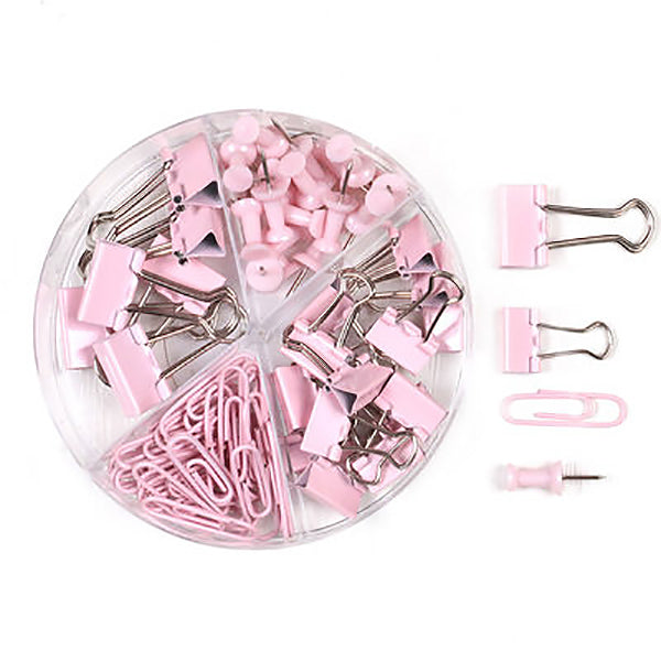 Binder Clip, Paper Clip, Push Pin 3-in-1 Mixture Set, Pink