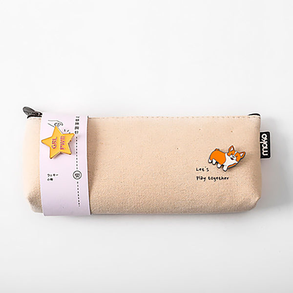 Canvas Pencil Pouch with Brooch, Wheat