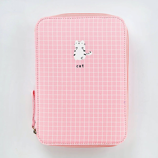 Canvas Zippered Large Stationery Organizer, Pink Grid Cat