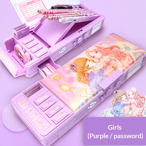 Cartoon Magnetic Pencil Case, Girls / Purple / Password