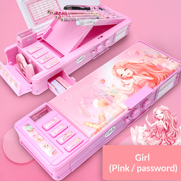 Cartoon Magnetic Pencil Case, Girl / Pink / Password