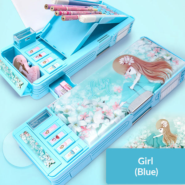Cartoon Magnetic Pencil Case, Girl / Blue / Magnetic