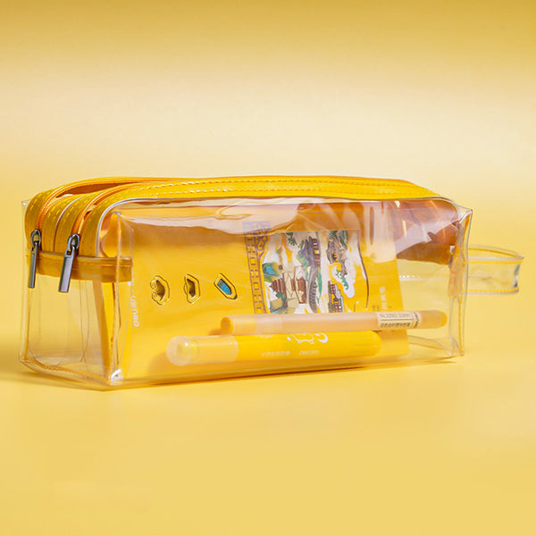 Clear Double Zippers Rectangular Pencil Case, Yellow