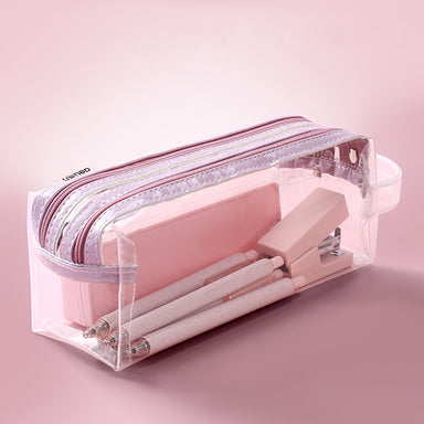 Clear Double Zippers Rectangular Pencil Case, Pink