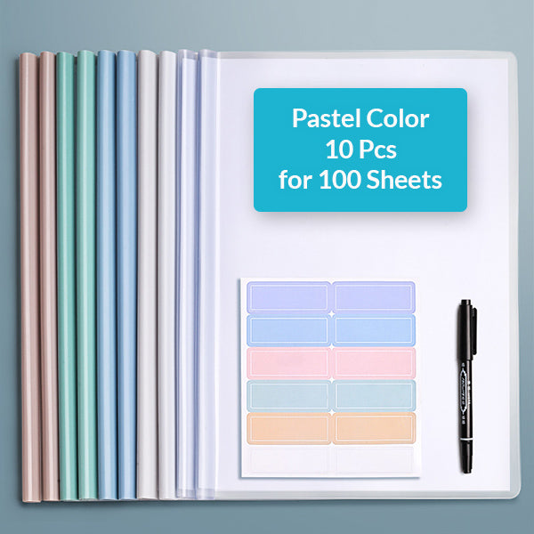 Clear Report Covers with Sliding Bar 10 Pcs Pack for A4 Paper, Pastel / 100 Sheets