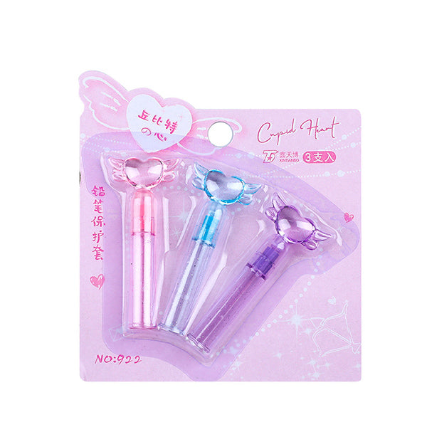 Crystal Princess Scepter Pencil Caps 3 Pcs Set, Heart