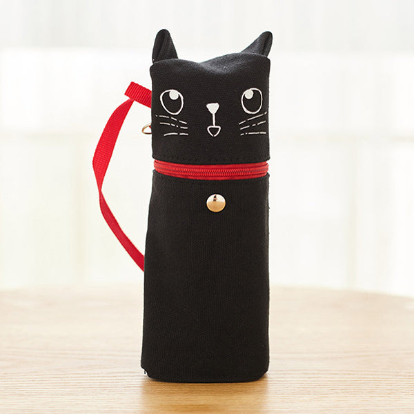 Kawaii Cat Emoticon Stand-Up Canvas Pencil Case, Black Cat (Happy)