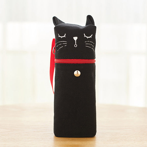 Kawaii Cat Emoticon Stand-Up Canvas Pencil Case, Black Cat (Sleep)