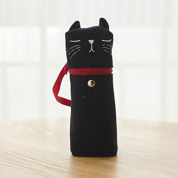 Kawaii Cat Emoticon Stand-Up Canvas Pencil Case, Black Cat (Nap)