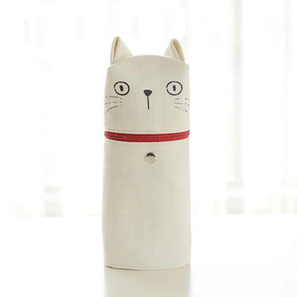 Kawaii Cat Emoticon Stand-Up Canvas Pencil Case, White Cat (Stare)